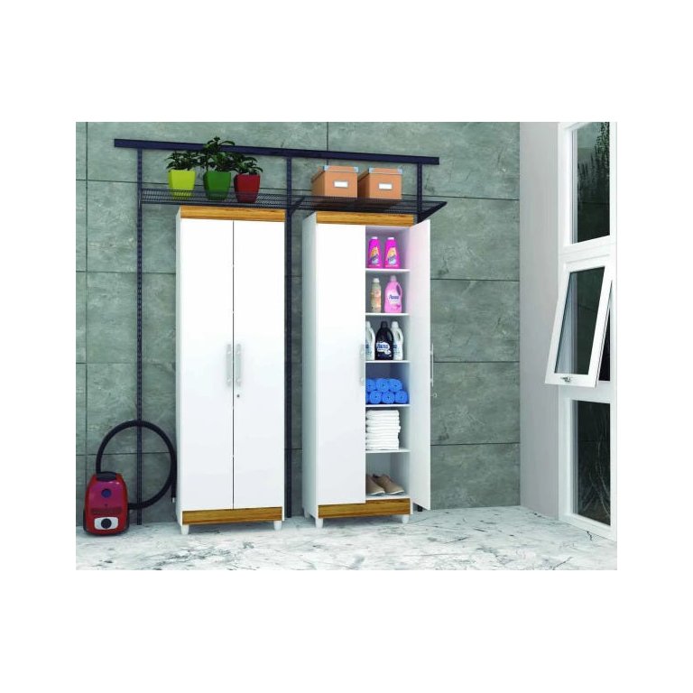 Armário Multiuso 2 Portas e 5 Prateleiras Line - Branco/Canela - Vila Rica