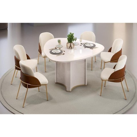 Conjunto: Mesa Sala Jantar Chanel C/ Tampo Madeirado C/ Vidro Orgânico 136x136cm e 6 Cadeiras Vitta