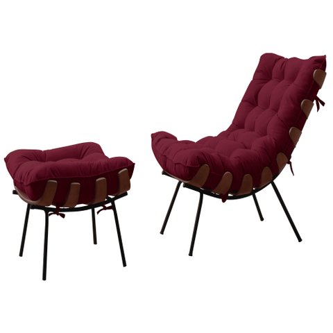 Poltrona com Puff Costela Sala Quarto Recepção Escritório Esqueleto Base Fixa Veludo Vinho