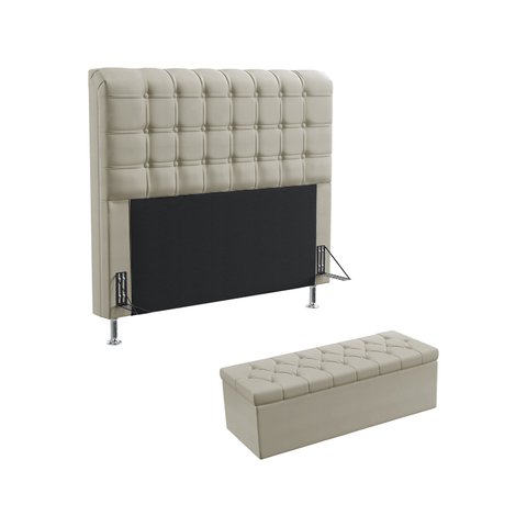 Kit Cabeceira Estofada Decorativa Rana 160 Para Cama Queen e Calçadeira Sagitarius Couro Artificial