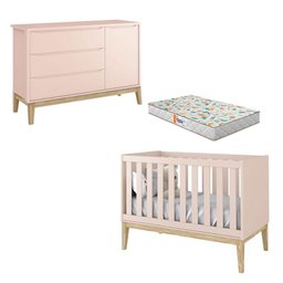 Berço Americano e Cômoda New Classic Rosa com Pés Madeira Natural e Colchão Gazin – Reller - 1