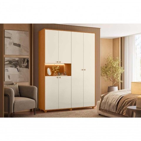 Guarda Roupa Casal Vittoria 4 Portas de Bater 2 Gavetas MDP com LED Cinamomo Off White