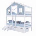 Ver imagem 2 de Beliche Casinha Dos Sonhos com Escada/ Escorregador e 02 Gavetas Madeira Maciça Branco|Azul Housin