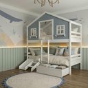 Ver imagem 1 de Beliche Casinha Dos Sonhos com Escada/ Escorregador e 02 Gavetas Madeira Maciça Branco|Azul Housin