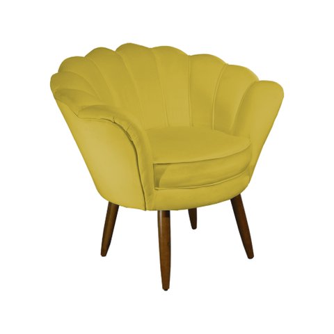 Poltrona Decorativa Pétala Couro Amarelo Pés Madeira Mz Decor