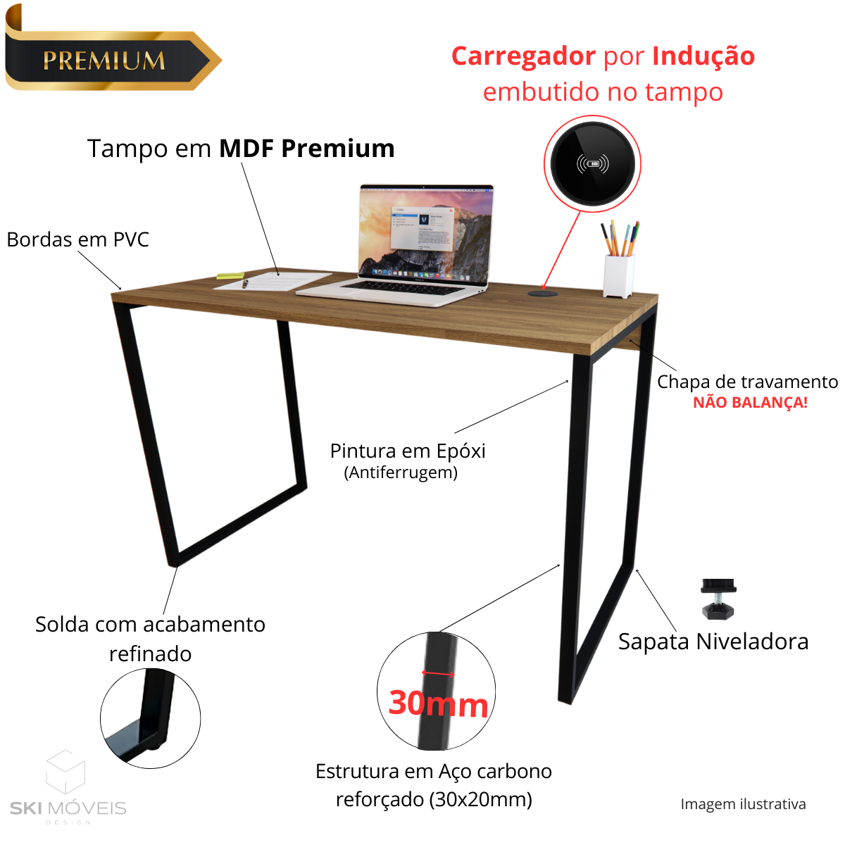 Mesa Escrivaninha Home Office Estilo Industrial 100% Mdf com Carregador por Indução - Wireless sem F - 3