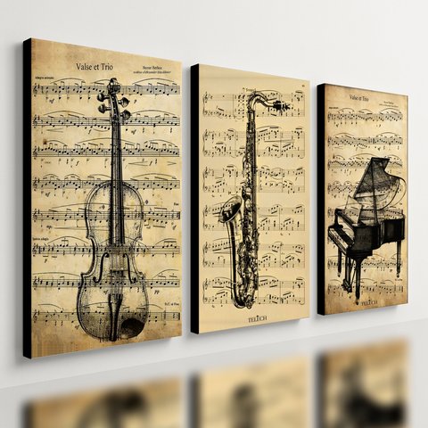 Kit 3 Quadro Decorativo Musica Clássica Retro Piano Violino 40x28cm