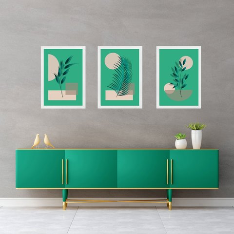 Kit 3 Quadros Abstratos Folhas Fundo Verde 33x24cm:moldura Branca
