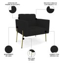 Ver imagem 3 de Poltrona para Sala Pés Metálicos Dourado Ana Linho Preto - Ibiza