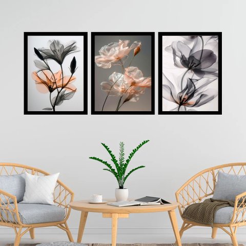 Kit 3 Quadros Florais Nuances Cinza e Laranja 33x24cm:moldura Branca
