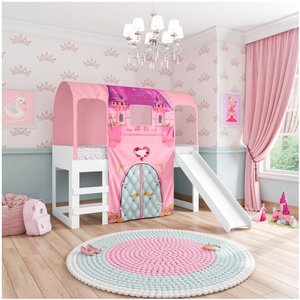 Cama Infantil Alta Joy com Escorregador e Dossel Barraca Castelo - Rosa/Branco