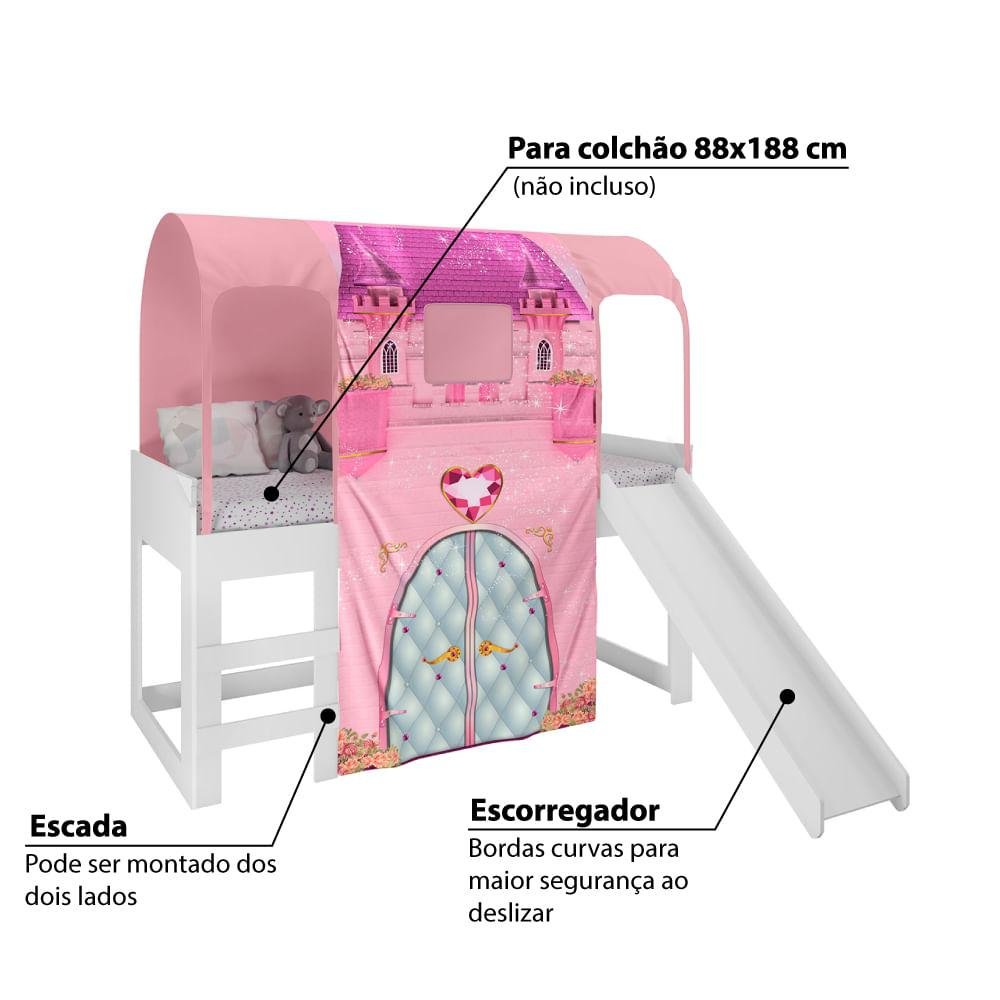 Cama Infantil Alta Joy com Escorregador e Dossel Barraca Castelo - Rosa/Branco - 3