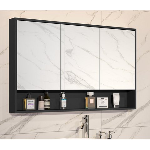 Armário Banheiro Espelheira 3 Portas Hefesto Preto Fosco