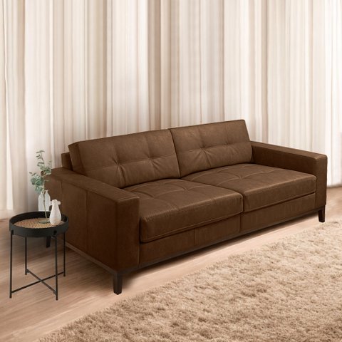 Sofá Decorativo Bruno 3 Lugares Sala de Estar 210cm Pés em Madeira Couro Marrom Claro Manchado G88 -