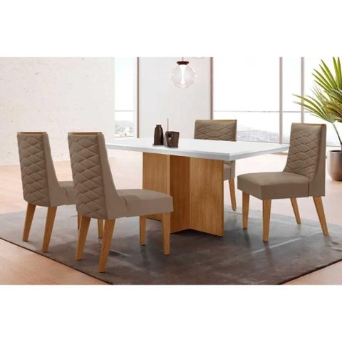 Conjunto Sala de Jantar Berlim C/ Tampo Madeirado C/ Vidro Canto Curvo 120x80cm e 4 Cadeiras Dafne