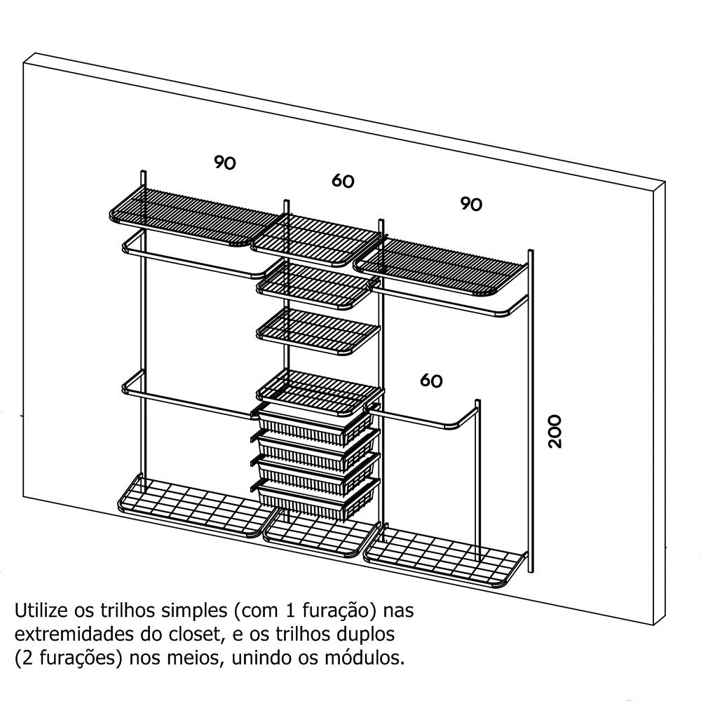 Roupeiro Closet Modulado Aramado Gaveta Sapateira Aço 2,50m Br - 2