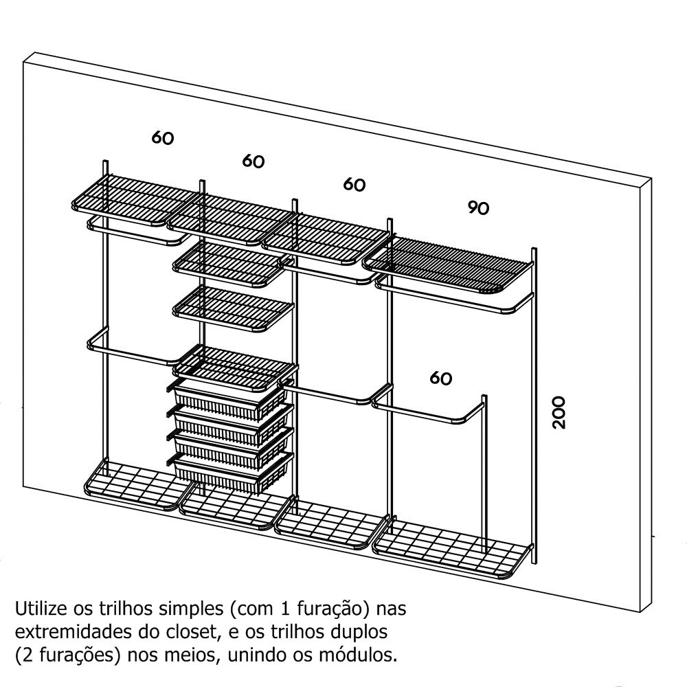 Roupeiro Closet Modulado Aramado Gaveta Sapateira Aço 2,80m Br - 2