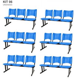 Kit com 6 Cadeiras Longarina Plástica 03 Lugares Cor Azul Mastcmol - 1