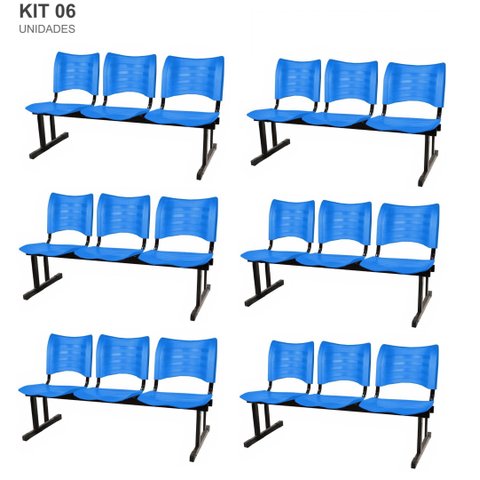Kit com 6 Cadeiras Longarina Plástica 03 Lugares Cor Azul Mastcmol