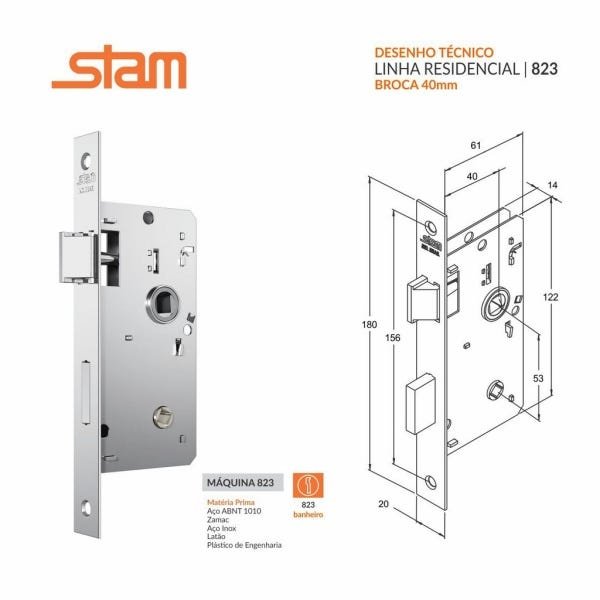 Fechadura Stam 823/21 para Banheiro Rq1 Quadrada Cromado - 2