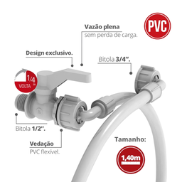Entrada P/ Máquina de Lavar Trançada C/ Registro de Esfera 1/2 e 3/4'' Tam 1,4m Cor Branco Durín - 2