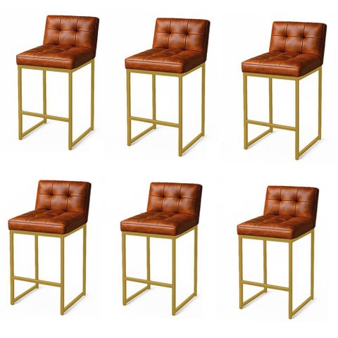 Banqueta Cozinha Alta com Encosto Industrial Kit 6 Dourado Lirina Pu C05 - D'rossi