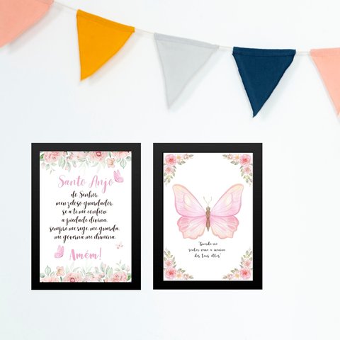 Kit 2 Quadros Infantis Menina Borboleta Rosa - Cristão 24x18cm:moldura Preta