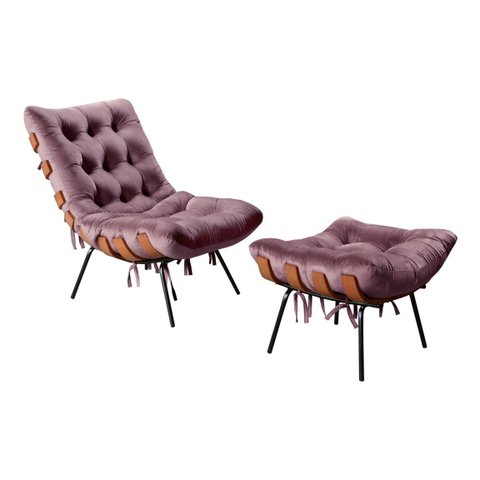 Poltrona Costela com Puff Base Fixa para Sala, Quarto - Veludo Roxo