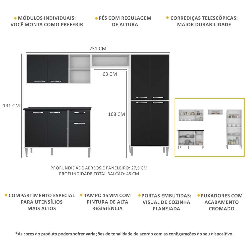 Cozinha Completa Compacta xangai Plus Multimóveis Branco/Preto - 3