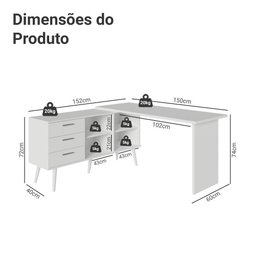 Escrivaninha em L Mesa para Computador Gamer 3 Gavetas Branco Lisboa Madesa - 4