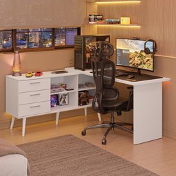 Escrivaninha em L Mesa para Computador Gamer 3 Gavetas Branco Lisboa Madesa - 1
