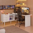Ver imagem 1 de Escrivaninha em L Mesa para Computador Gamer 3 Gavetas Branco Lisboa Madesa