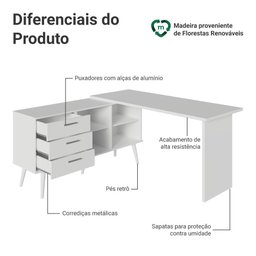 Escrivaninha em L Mesa para Computador Gamer 3 Gavetas Branco Lisboa Madesa - 5