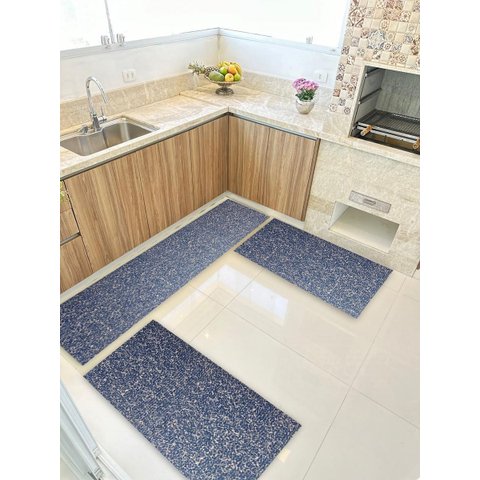 Kit 3 Peças Jogo Cozinha Passadeira Emborrachada Não Derrapa Textura Azul Cinza