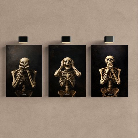 Kit3 Quadro Decorativo Caveira Esqueleto Dark Moderno Gótico 28x20cm