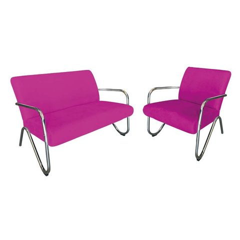 Kit Namoradeira + Poltrona Decorativa Bela Couro Pink Braço Cromado