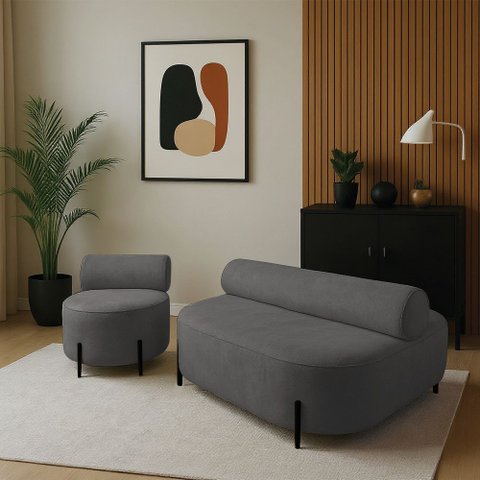 Sofá Sala Ilha Orgânico e 1 Poltrona 125cm Éden Pé Aço Preto Bouclê Grafite E03 - D’Rossi