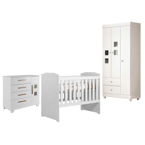 Guarda Roupa Life com Cômoda Fly e Berço Americano Carinho Branco Acetinado - Tigus