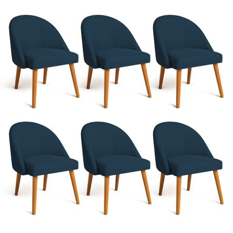 Kit 06 Cadeiras Poltrona de Jantar Luna Suede Azul Marinho Pés Palito Castanho