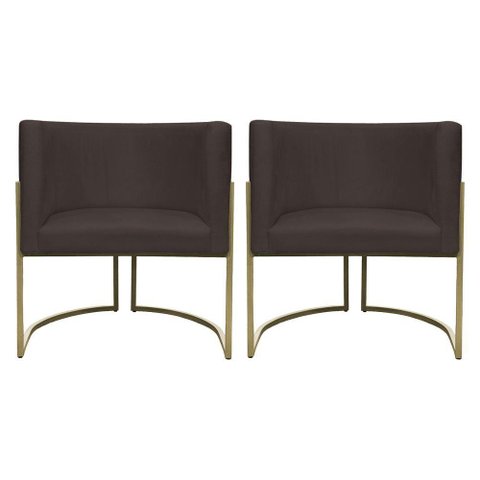 Kit 2 Poltronas Decorativa Recepção Luna Suede Cores Base de Ferro Champagne Marrom Suede