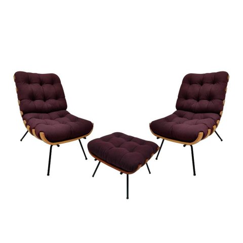 Kit 02 Poltronas e 01 Puff Costela Suede Bordô
