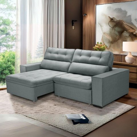 Sofa Retratil Reclinavel 2 Lugares 2,60 Vitória Veludo Cinza Lansofbr