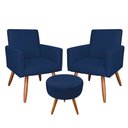 Ver imagem 1 de Kit 2 Poltronas e Puff Banqueta Redonda Nina Suede Azul Marinho Pés Palito Castanho - Pallazio