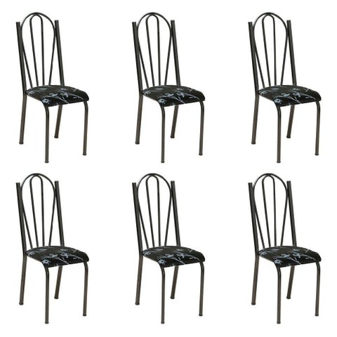 Kit 6 Cadeiras de Cozinha Alasca Estampado Preto Florido Pés de Ferro Cromo Preto - Pallazio