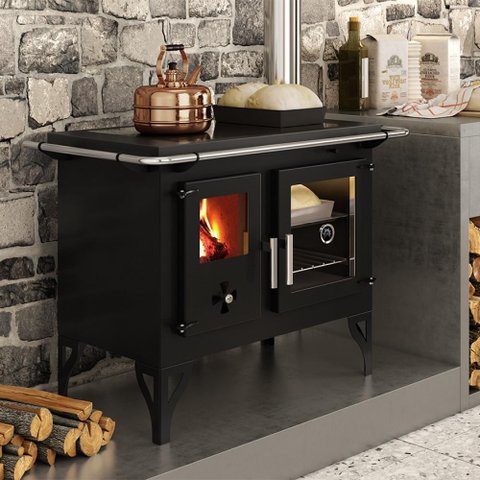 Fogão a Lenha Dupla Combustão N1 Chapa Ferro Fundido 1 Bandeja Porta de Vidro Sala Multiuso