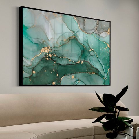 Quadro Decorativo Abstrato Mármore Verde Safira em Moldura Caixa Tacolado Moldura Trad 1cm Preta com