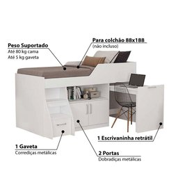 Cama Multifuncional Bianca II com Armário e Escrivaninha - Branco - 3
