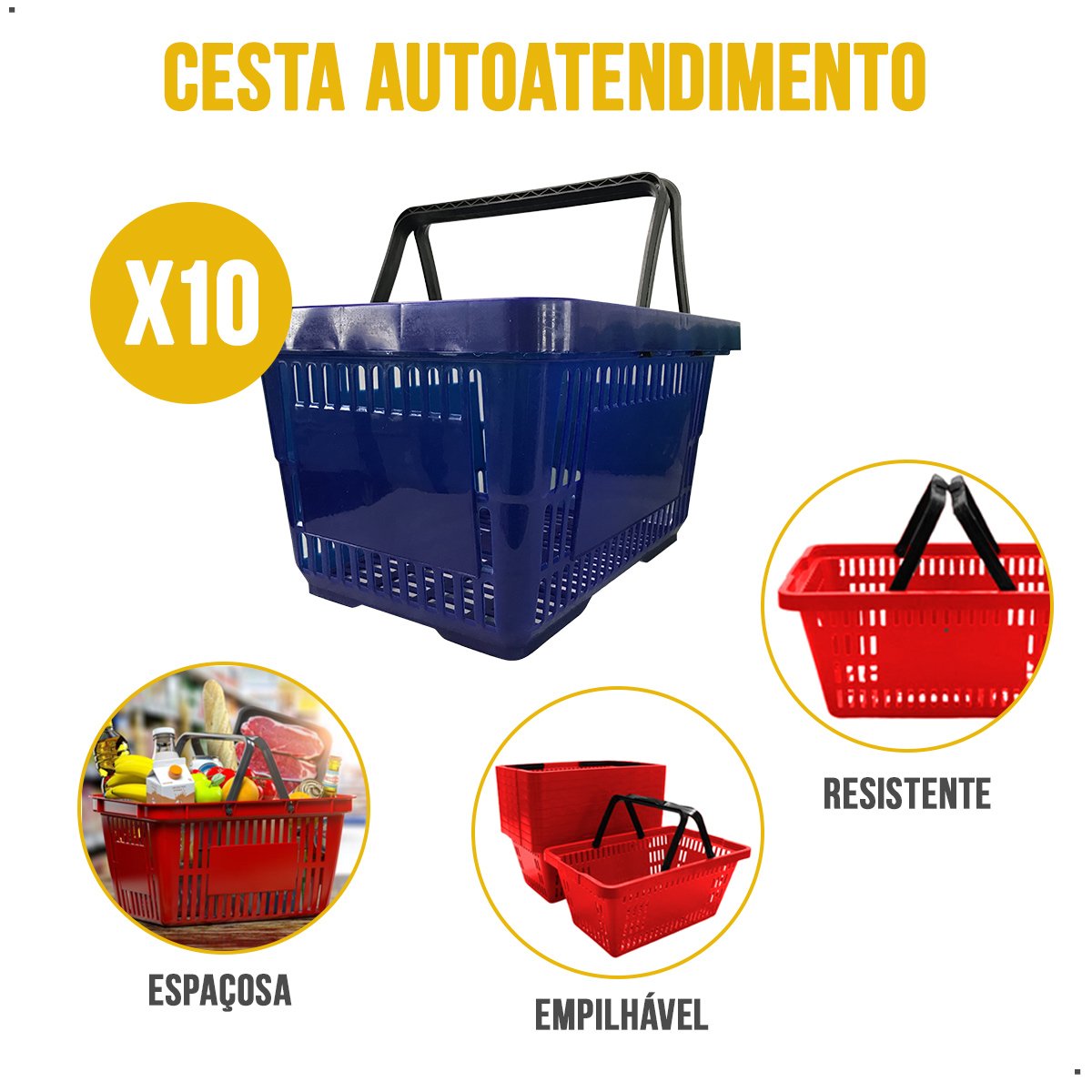 Kit com 10 Cestas de Compras Mercado Loja Azul - 4