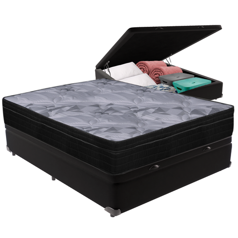 Cama Box Baú Preto e Colchão Airtech Pampa Molas Ensacadas Casal Ortobom