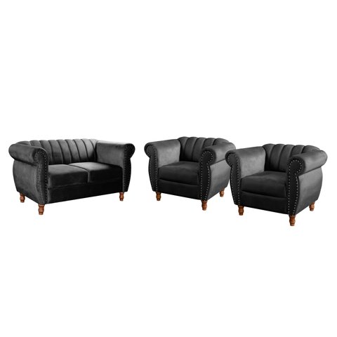 Conjunto Realeza Sofá com Poltronas Chesterfield Decoração Sala Recepção - Veludo Preto